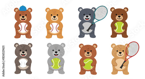 A cute collection of cartoon teddy bears ready for sports, holding baseballs, tennis balls, and tennis rackets with happy expressions.