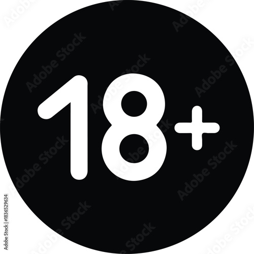 Black circle with white 18 plus symbol eighteen plus 6