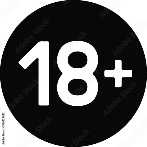 Black circle with white 18 plus symbol eighteen plus