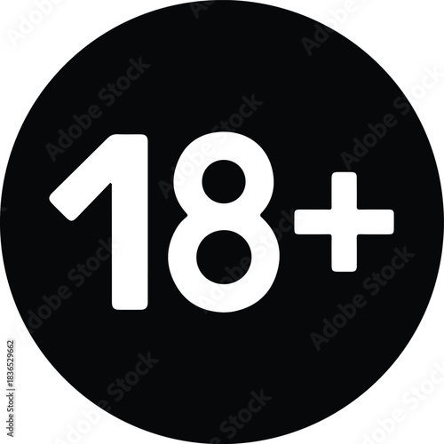 White 18 Plus Symbol on Black Circle eighteen plus 1