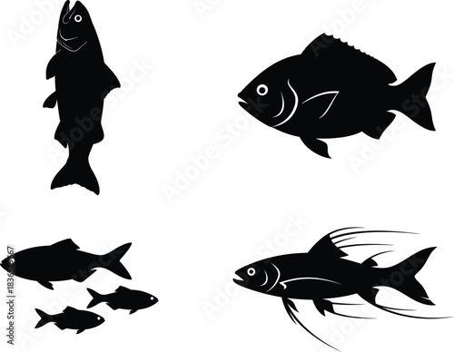 Four fish illustrations black silhouettes and a blue fish on white