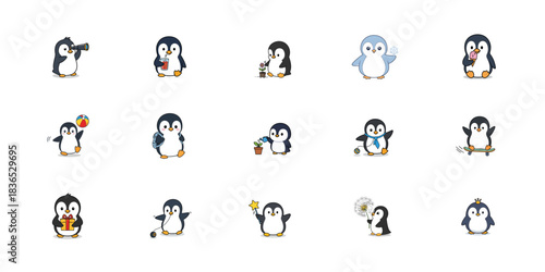 Collection of adorable penguin cartoon characters in various poses and activities