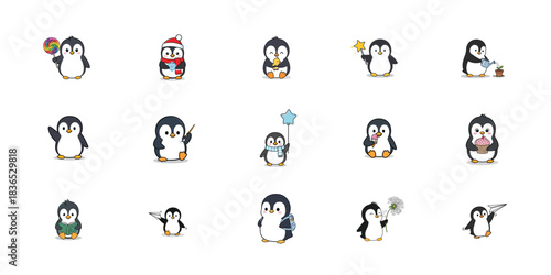 Collection of adorable cartoon penguins in various poses and holiday themes on white