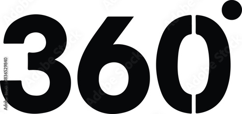 Black 360 degree symbol with small circle degrees number