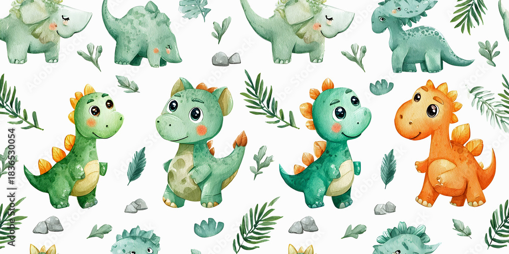 Obraz premium Dino Delight: Prehistoric Playtime Pattern, ai generated.