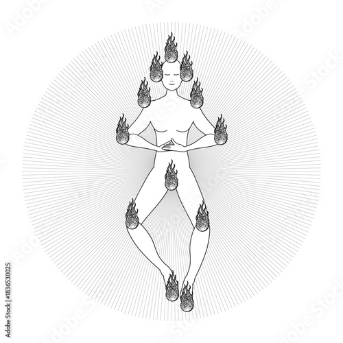 Acintya, the Balinese supreme deity, depicted in a serene meditative pose surrounded by radiating lines and sacred flames at key points of the body.