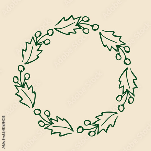 Round festive wreath with outline holly leaves and berries