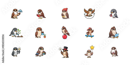 Collection of cute penguin illustrations in various poses and outfits on white