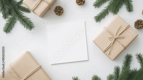 Minimalist Christmas card mockup with blank white paper and festive gifts on the surrounded by pine cones on a white background.
