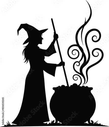 Magical witch silhouette brewing potion in cauldron