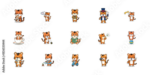 Collection of adorable cartoon tiger characters in various poses and outfits