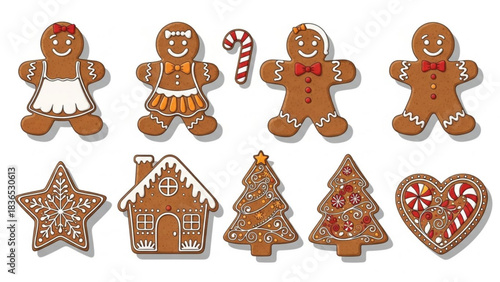 Collection of festive gingerbread cookies including people trees house star and heart shapes