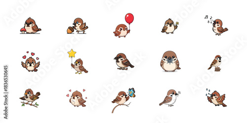 Collection of cartoon sparrow illustrations with various poses and accessories