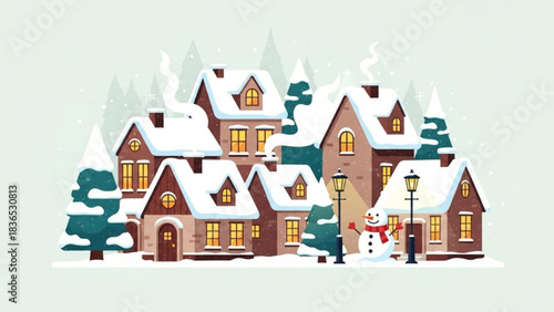 Cozy winter village scene with snowman and snow covered houses