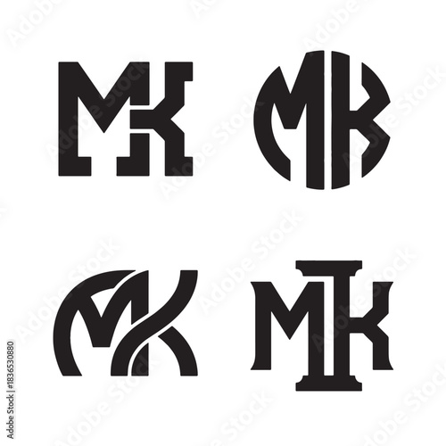 Four distinct modern black and white M and K initials logo design concepts, presented as vector monograms for versatile branding.
