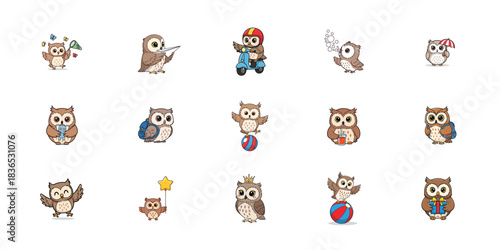 Collection of cute cartoon owls in various poses and outfits on white