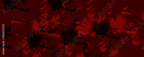 Abstract ink-splatter vector design with distressed black shapes on a moody red background.
