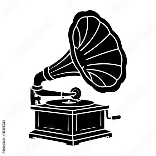 Black and white silhouette icon of a vintage gramophone with a large horn, isolated on white background