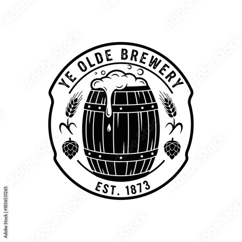Vintage black and white logo design featuring an overflowing beer barrel surrounded by barley and hop illustrations, isolated on white background