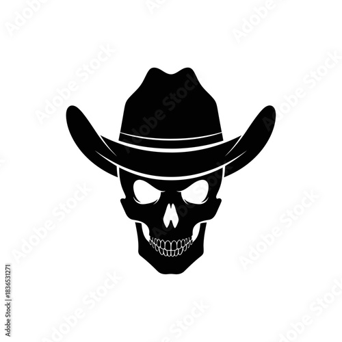 Black silhouette of a human skull wearing a widebrimmed cowboy hat, isolated on white background