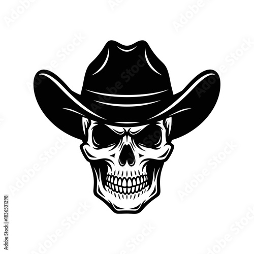 Black and white graphic illustration of a menacing skull wearing a widebrimmed cowboy hat, isolated on white background