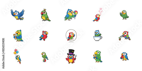 Collection of cute cartoon parrot illustrations in various poses and outfits