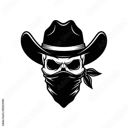 Black and white illustration of a menacing cowboy skull wearing a widebrimmed hat and a bandana over its face, isolated on white background