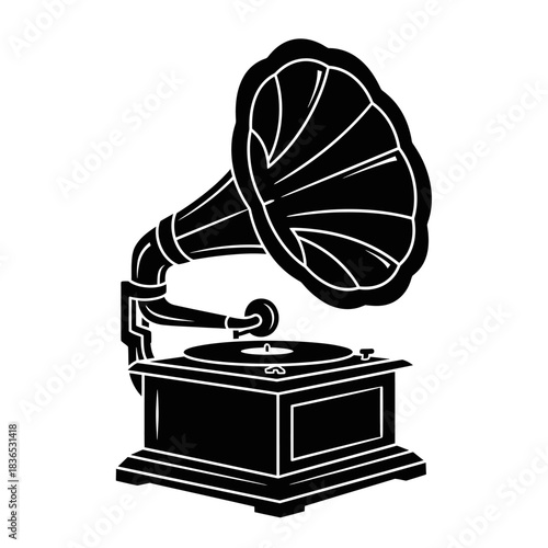 Black and white silhouette illustration of a vintage phonograph or gramophone with a large horn, isolated on white background