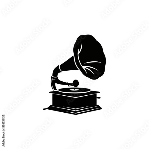 Black silhouette icon of a vintage gramophone or phonograph with a large horn isolated on white background