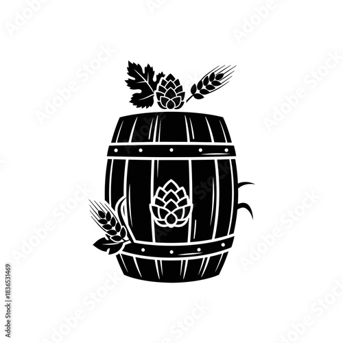 Black and white silhouette logo of a wooden beer barrel adorned with hop cones and wheat ears, isolated on white background