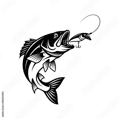Black and white graphic illustration of a largemouth bass jumping out of water to strike a fishing lure, isolated on white background