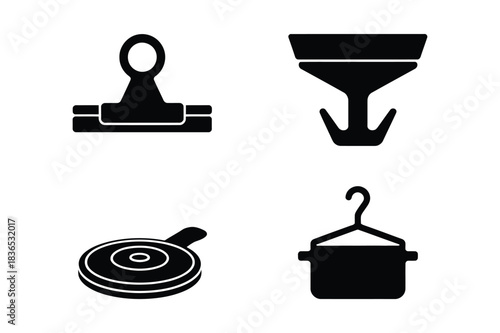 Four black silhouette icons representing office kitchen and laundry items