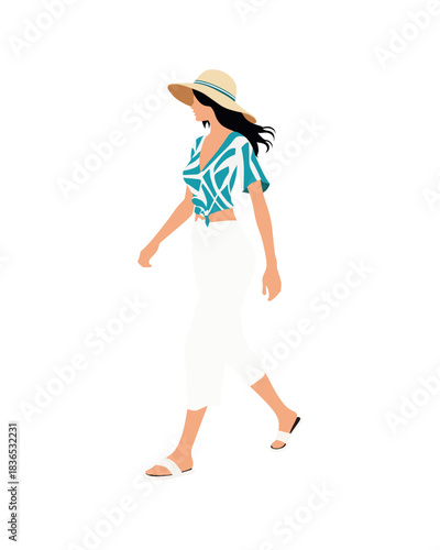 Flat vector people and illustration, woman with casual vacation outfit