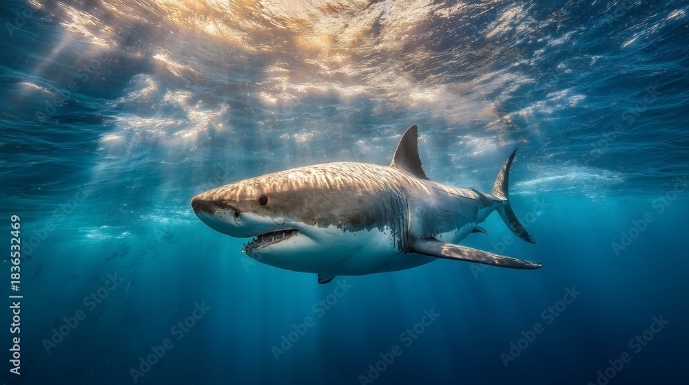 Fototapeta premium Majestic Great White Shark Gliding Through Sun-Dappled Ocean Waters with Cinematic Lighting and Vibrant Blue Hues, capturing the serene power of marine life in stunning detail.