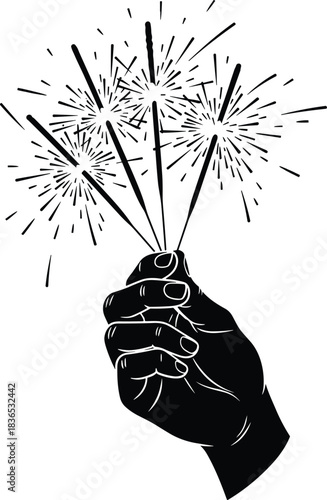 Illustration of a hand holding multiple lit sparklers