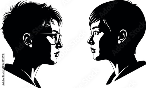 Black and white silhouette profile of two expressive men facing each other in dramatic contrast, perfect for conceptual vector themes.