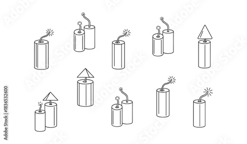 Set of Isometric Outline Icons of Dynamite Sticks with Lit Fuses and Caps Keywords: dynamite, bomb, explosion, danger, icon, set, collection, outline, line art, isometric, 3d, graphic, design
