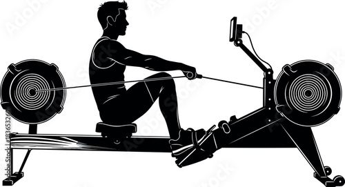 Black and white silhouette of man exercising on indoor rowing machine for fitness, cardio workout, strength training, and gym equipment concept.