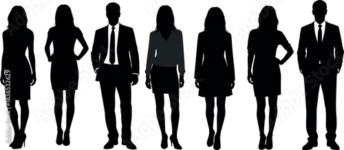 Business team silhouettes standing side by side in formal attire representing corporate diversity, leadership, professionalism, equality, and teamwork concept.