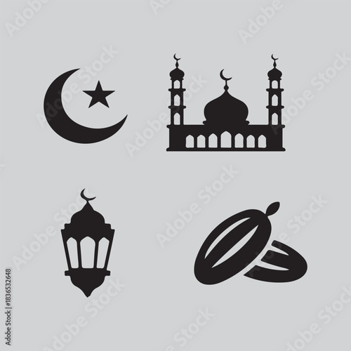 Islamic symbols collection with mosque, crescent, star, dates, and lantern for religious design Vector