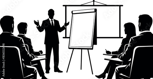 Business presentation silhouette with team listening to speaker in formal attire during corporate training, seminar, or leadership meeting session.