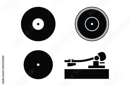Vintage vinyl records and turntable stylus arm icon set