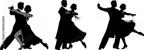 Elegant ballroom dancing couples in silhouette performing graceful poses in formal attire for romantic dance-themed vector illustration content.