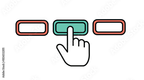 A hand is shown pressing a highlighted green button amongst other red alternatives