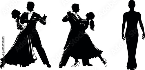 Elegant ballroom dancers in silhouette style performing classic dance poses with formal attire, perfect for dance, event, and lifestyle themes.