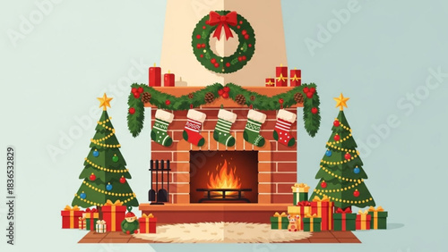 Cozy christmas scene with fireplace decorated trees and stockings