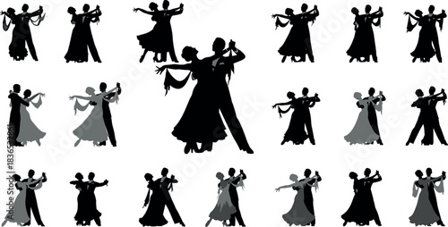 Elegant ballroom dancing silhouettes of couples in graceful poses, showcasing romantic movement, rhythm, and coordination for dance-themed vector content.