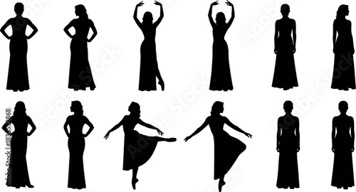 Elegant female silhouette poses in long dresses showcasing graceful dance movements, fashion gestures, and expressive body postures for design inspiration.