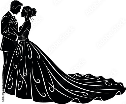 Elegant romantic couple silhouette in formal wedding attire with decorative gown swirl pattern for love, marriage, invitation, and celebration themes.