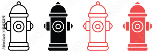 Fire Hydrant Simple Icon Style Variants, line and solid silhouette icons in black and red, emergency water access sign for firefighters, vector design, safety symbol set for public and industrial 
